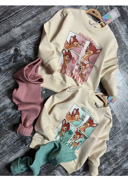 Kız Çocuk Taytlı Uzun Kol Iki Iplik Bambi Figürlü Simli Takım 3-10 Yaş indirimleri