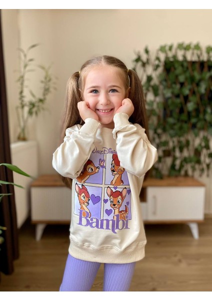 Kız Çocuk Taytlı Uzun Kol Iki Iplik Bambi Figürlü Simli Takım 3-10 Yaş modelleri