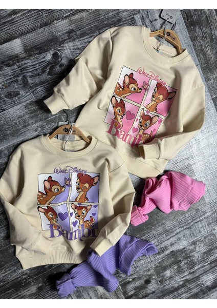 Kız Çocuk Taytlı Uzun Kol Iki Iplik Bambi Figürlü Simli Takım 3-10 Yaş fırsatları