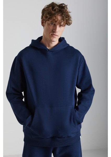 Cartmel Erkek Örme 3 Iplik Relaxed Fit Rahat Kalıp Kanguru Cepli Kapüşonlu Lacivert Sweatshirt