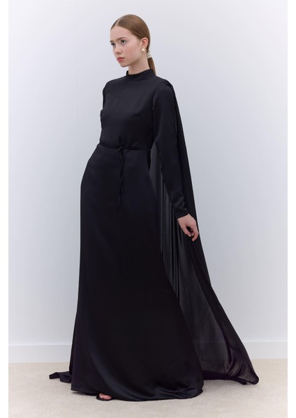 Pelerinli Abiye Elbise Siyah