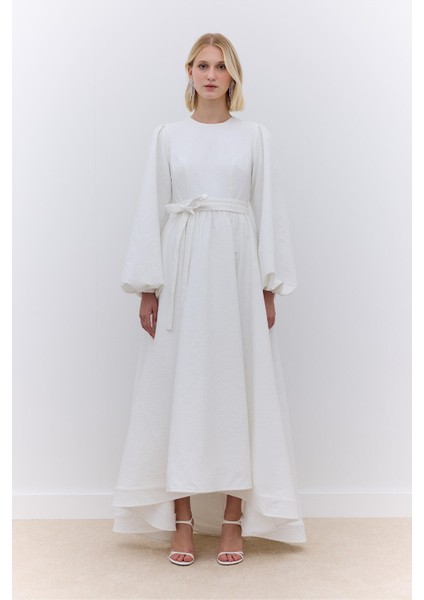 Jakarlı Kuyruklu Abiye Elbise Ekru modelleri