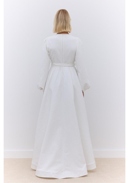 Jakarlı Kuyruklu Abiye Elbise Ekru indirimleri