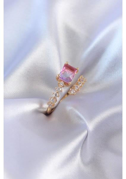 Gold Renk Pembe Kare Zirkon Taş Model Pirinç Kadın Yüzük