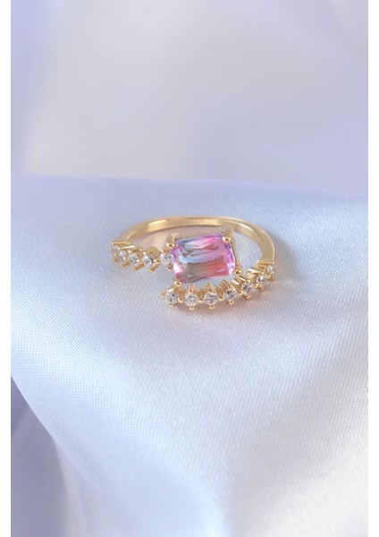 Gold Renk Pembe Kare Zirkon Taş Model Pirinç Kadın Yüzük