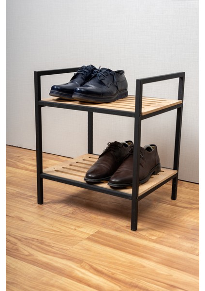 Metal Ahşap Dekoratif Ayakkabılık 2 Raflı Terliklik Çok Amaçlı Raf Komodin