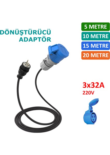 5m, 10M, 15M, 20M - 3X32A 220V ile Çalışan Cihazınızı, 220V Ev Tipi Prize Bağlar. Elektrikli Araç Şarj İstasyonu Dönüştürücü Adaptör