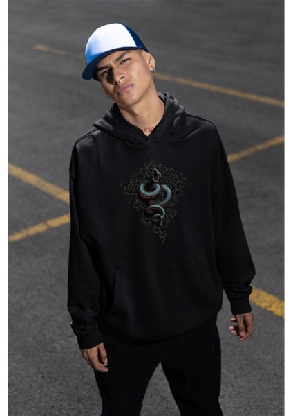Yılan Baskılı Unisex Oversize Sweatshirt 3 Iplik Kalın Kışlık Özel Tasarım Hoodie