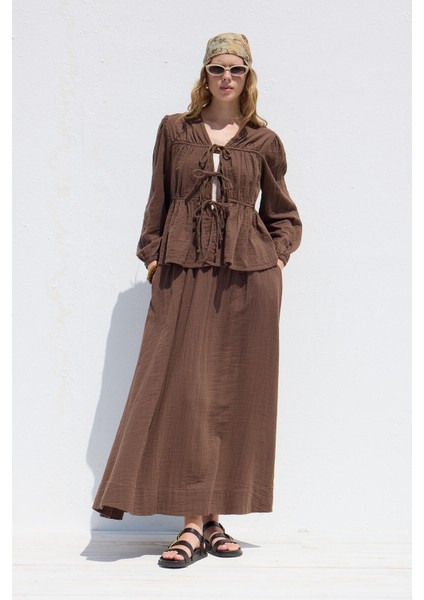 Geniş Kesim Müslin Etek Kahverengi