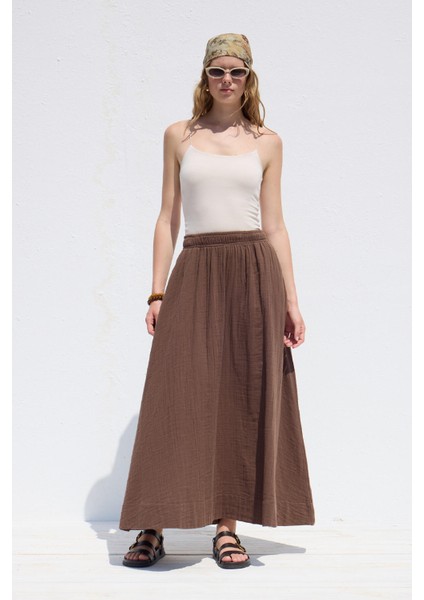 Geniş Kesim Müslin Etek Kahverengi modelleri