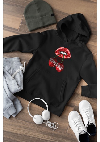 Cherry Baskılı 3 Iplik Kalın Kışlık Özel Tasarım Kadın Sweatshirt Hoodie