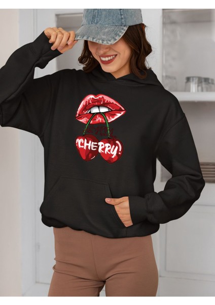 Cherry Baskılı 3 Iplik Kalın Kışlık Özel Tasarım Kadın Sweatshirt Hoodie