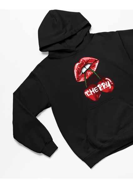 Cherry Baskılı 3 Iplik Kalın Kışlık Özel Tasarım Kadın Sweatshirt Hoodie