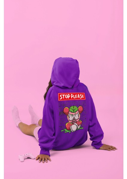 Mor Sırt Baskılı Stop Please 3 Iplik Kalın Kışlık Özel Tasarım Sweatshirt Hoodie