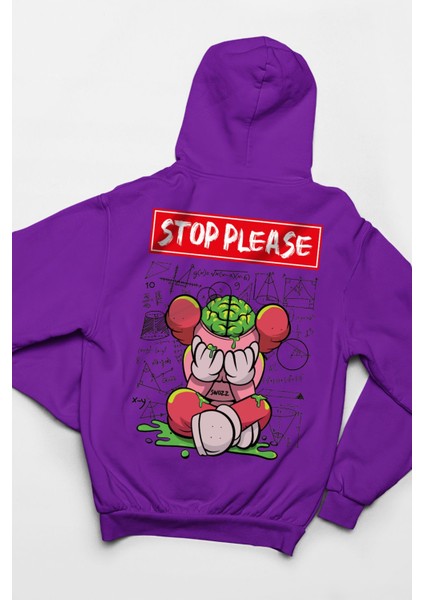 Mor Sırt Baskılı Stop Please 3 Iplik Kalın Kışlık Özel Tasarım Sweatshirt Hoodie