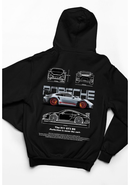 Porsche Ön ve Sırt Baskılı Siyah 3 Ip Kalın Kumaş Unisex Sweatshirt Hoodie