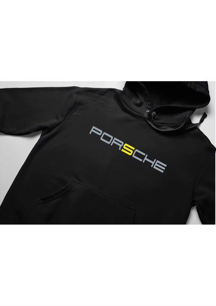 Porsche Ön ve Sırt Baskılı Siyah 3 Ip Kalın Kumaş Unisex Sweatshirt Hoodie