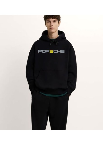 Porsche Ön ve Sırt Baskılı Siyah 3 Ip Kalın Kumaş Unisex Sweatshirt Hoodie