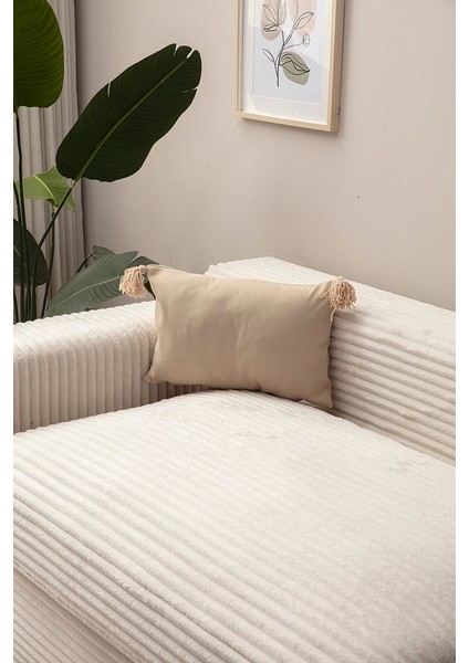 Home Bej Rengi 4 Püsküllü Tek Renk Kırlent Kılıfı 43X43