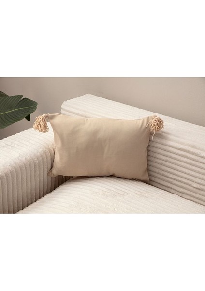 Home Bej Rengi 4 Püsküllü Tek Renk Kırlent Kılıfı 43X43