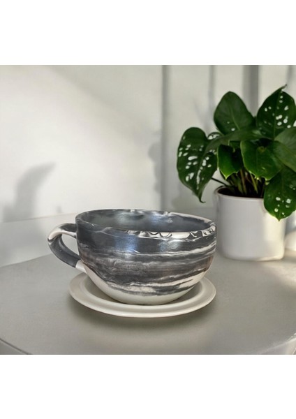 Dekoratif El Yapımı Beton Büyük Fincan Saksı - Gri