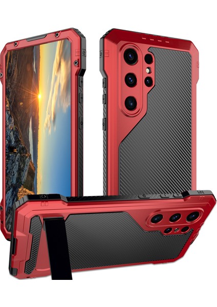 Anti-düşen Telefon Kılıfı için Samsung Galaxy S24 Ultra Kılıf Silikon + Metal Kickstand Telefon Kapağı, PET Ekran Filmi-Kırmızı (Yurt Dışından)