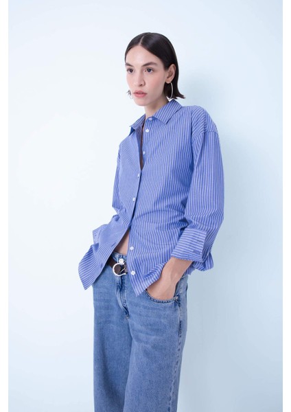 Oversize Geniş Kalıp Çizgili Poplin Uzun Kollu Gömlek D4899AX24AU modelleri