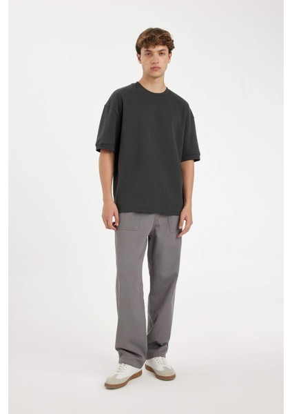 Loose Fit Bisiklet Yaka Kısa Kollu Ağır Kumaş Basic Düz Tişört B4844AX24AU