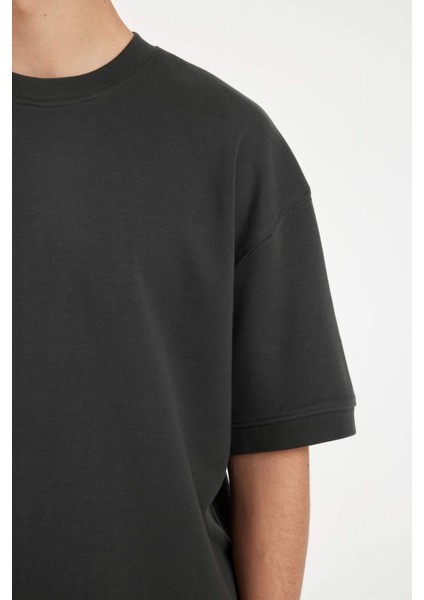 Loose Fit Bisiklet Yaka Kısa Kollu Ağır Kumaş Basic Düz Tişört B4844AX24AU
