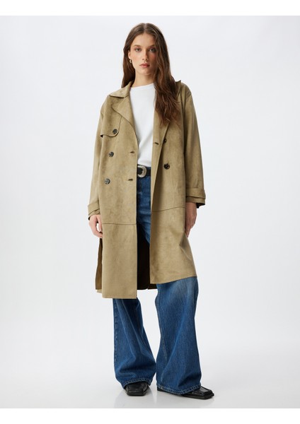 Uzun Suni Süet Trençkot Kruvaze Ters Yaka Cepli Arkası Rüzgar Kapaklı