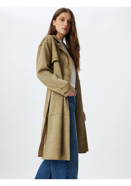 Uzun Suni Süet Trençkot Kruvaze Ters Yaka Cepli Arkası Rüzgar Kapaklı fiyatları