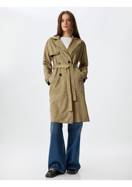 Uzun Suni Süet Trençkot Kruvaze Ters Yaka Cepli Arkası Rüzgar Kapaklı modelleri