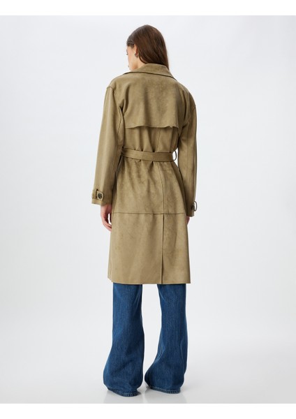 Uzun Suni Süet Trençkot Kruvaze Ters Yaka Cepli Arkası Rüzgar Kapaklı fırsatları