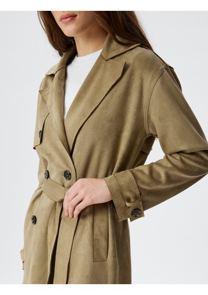 Uzun Suni Süet Trençkot Kruvaze Ters Yaka Cepli Arkası Rüzgar Kapaklı indirimleri