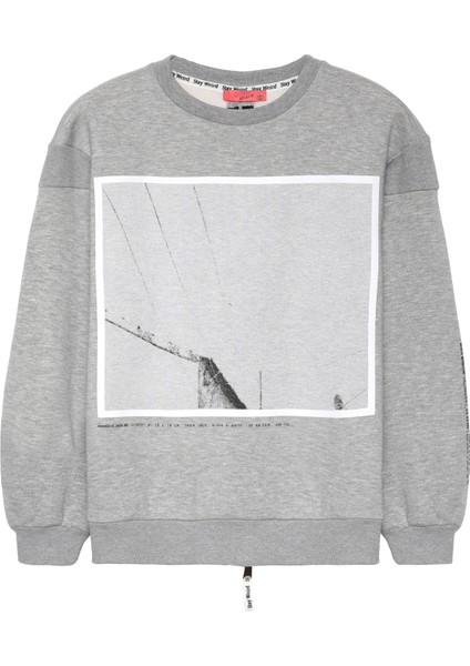 Sırtı Fermuar Detaylı Baskılı Sweatshirt Gri