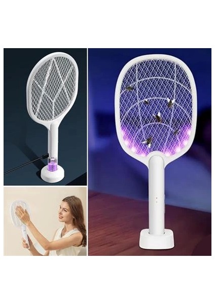 Şarjlı Sinek kovucu Masaüstü Standlı,mor Işık Sinek Kovucu Raket 5W