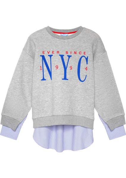 Sırtı Gömlek Matchli Baskılı Sweatshirt Gri