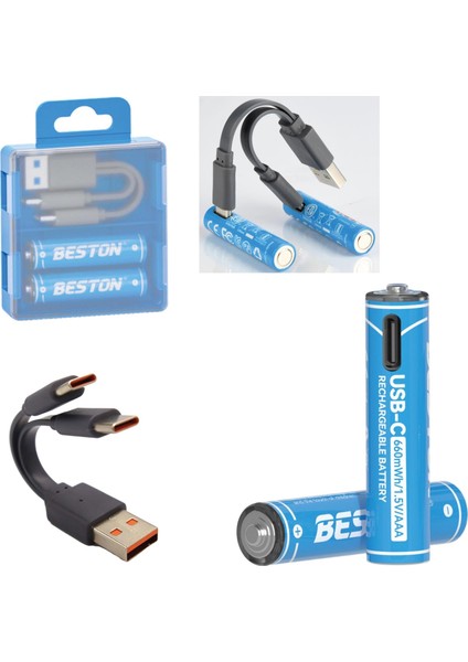 P2-01C USB Type-C Şarjlı Pil Aaa Ince Kalem 666 Mah Li-Ion 2li Paket