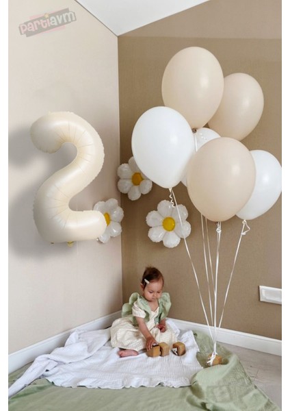 Tema Doğum Günü Seti Bej Krem Rakam Retro Yaş Tema Doğum Günü Bahar Konsept Balon