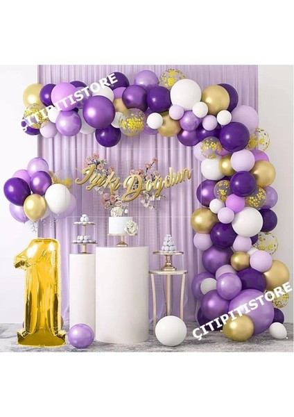 Çıtıpıtıstore Özel 1 Yaş Macaron Mor Balon Zinciri Seti