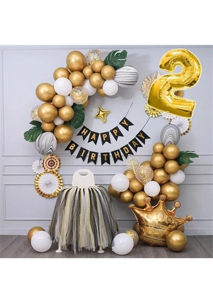 Kral Taçlı Gold Zincir Balon Doğum Günü Seti 2 Yaş