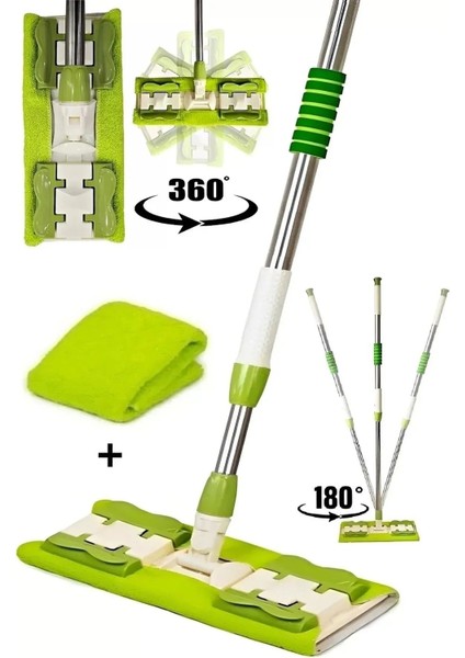 Sihirli mop set, yedek bezli, 180° dönebilen, cam ve yüzey temizleme aracı, yeşil renk