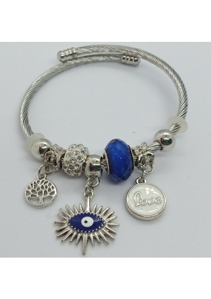 Çelik Silver Hayat Ağcı Mavi Göz Love Charm Bileklik