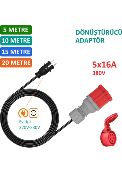 20Metre - 5X16A 380V ile Çalışan Cihazınızı, 220V Ev Tipi Prize Bağlar. Elektrikli Araç Şarj İstasyonu Dönüştürücü Adaptör