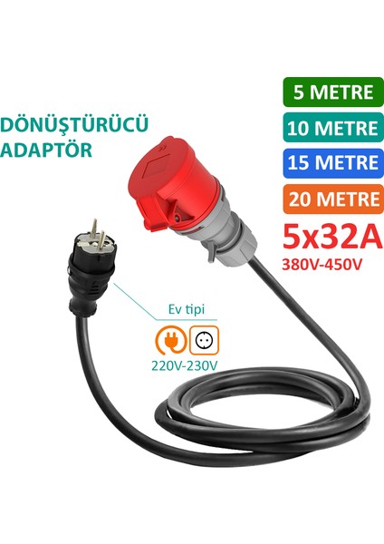 5m, 5X32A 380V ile Çalışan Cihazınızı, 220V Ev Tipi Prize Bağlar. Elektrikli Araç Şarj İstasyonu Dönüştürücü Adaptör