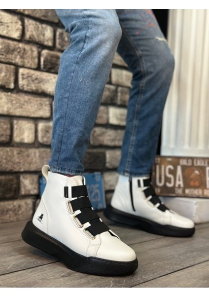 Bantlı Erkek Yüksek Taban Beyaz Siyah Spor Bot BA0142