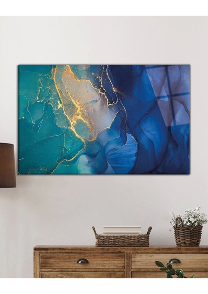 Teknoo- Mavi Renkli Soyut Cam Tablo Ev ve Ofis Duvar Dekoru fiyatları