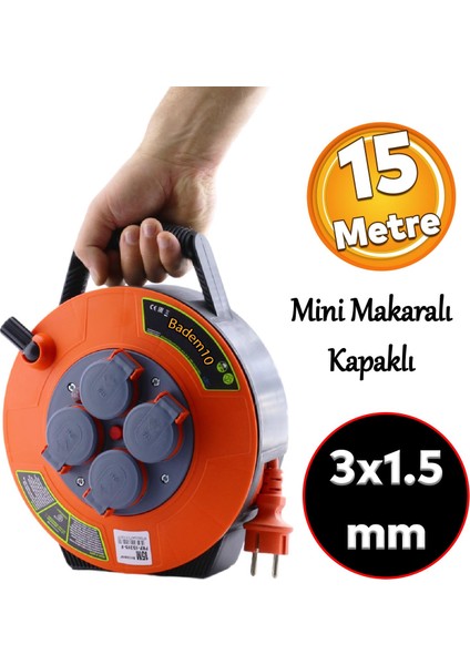 Plastik Kapaklı Mini Makaralı Seyyar 3x1.5 mm Cca Monofaze Uzatma Kablosu 4 Priz Ttr Kablo 15 Metre