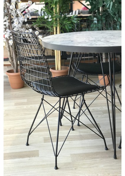 Balkon Masası Yuvarlak + 4 Sandalye Beyaz Mermer Çap 90