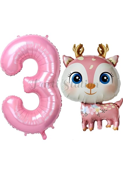 Geyik 3 Yaş Balon Set Ceylan Balon Woodland Konsept Geyik Balon ve Pembe Renk Rakam Balon